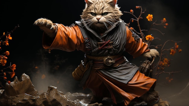 um retrato de corpo inteiro de um gato vestindo uniformes de samurai