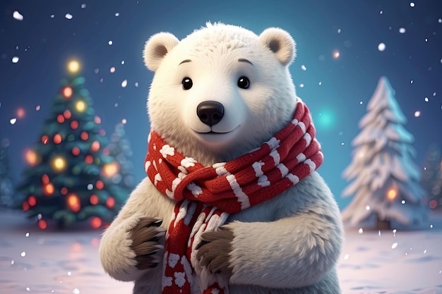 Um retrato de desenho animado de um urso polar em um lenço vermelho um personagem infantil em um Natal