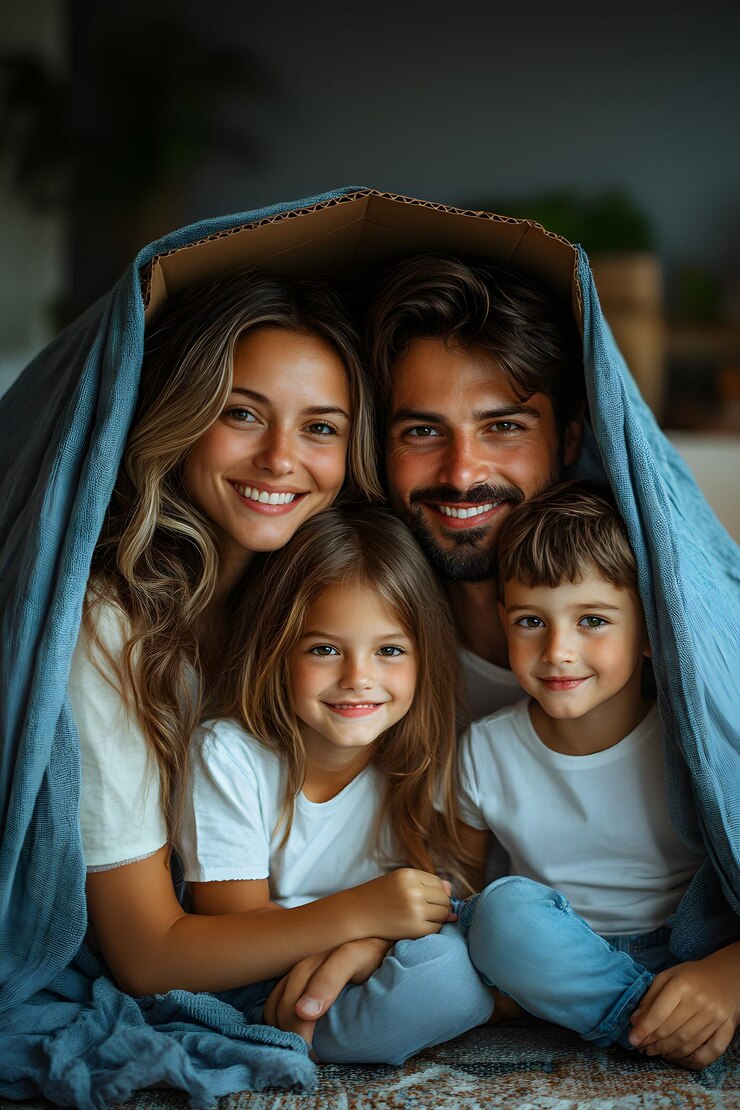 Foto um retrato de família com crianças debaixo de um cobertor