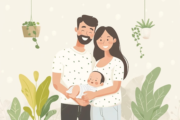 um retrato de família com um bebê e plantas