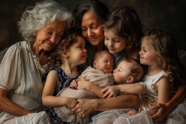 Um retrato de família comovente mostrando um grupo de mulheres formando um círculo, cada uma segurando um bebê nos braços. Gerações de amor e cuidado brilham neste momento íntimo.