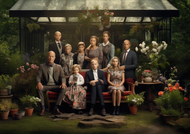 Um retrato de família multigeracional num belo jardim