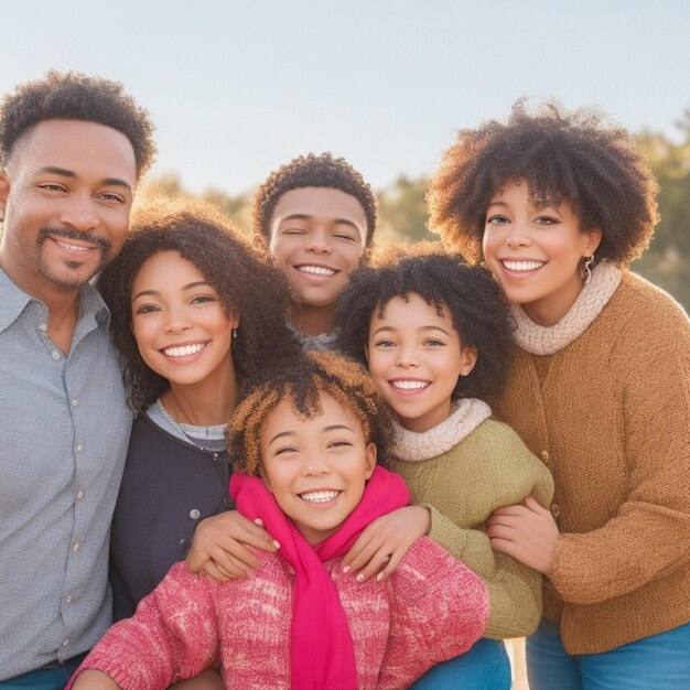 Foto um retrato de família vibrante com cada membro sorrindo e rindo iluminado por um brilho caloroso