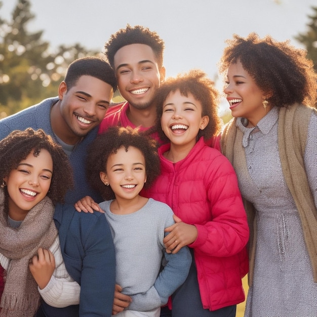 Foto um retrato de família vibrante de alegria e risadas com cores vivas e uma atmosfera calorosa