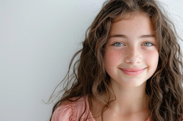 um retrato de foto em close-up de uma menina bonita e bonita sorrindo com dentes limpos usados para uma mancha