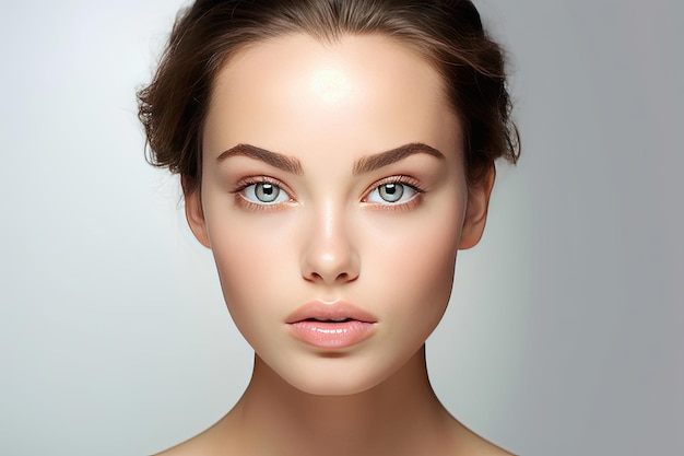 Um retrato de mulheres Bela jovem caucasiana com pele limpa e fresca em fundo branco Cuidados com o rosto Tratamento facial Cosmetologia beleza e spa Generative Ai