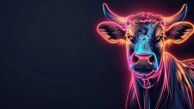 Um retrato de néon vibrante de uma vaca com contrastes de iluminação quente e fria e um fundo escuro