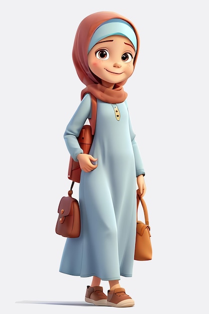 Um retrato de personagem 3D de uma mulher vestindo um hijab e segurando uma bolsa como um personagem da Pixar