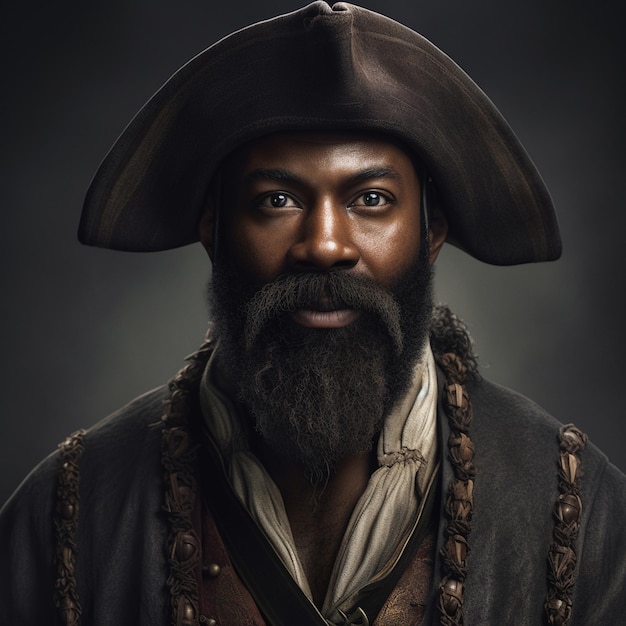 Um retrato de pirata africano com roupas de chapéu preto