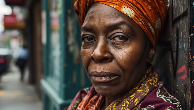 Um retrato de rua de uma mulher negra idosa com um chapéu tradicional O conceito de sabedoria e experiência de vida