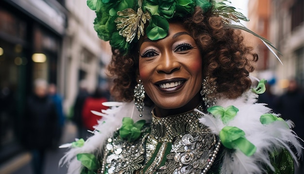 Um retrato de rua sincero de uma pessoa em um elaborado traje do Dia de São Patrício