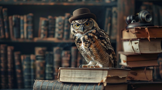 um retrato de sabedoria uma coruja isolada com óculos e um chapéu de bowler está orgulhosamente
