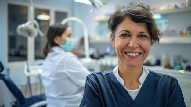 Um retrato de um assistente dentário sorrindo para a câmera com o dentista trabalhando ao fundo