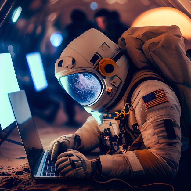 Um retrato de um astronauta em um traje espacial trabalhando em um laptop Um astronauta de alta tecnologia do futuro