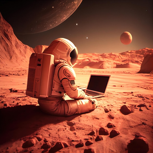 Um retrato de um astronauta em um traje espacial trabalhando em um laptop Um astronauta de alta tecnologia do futuro