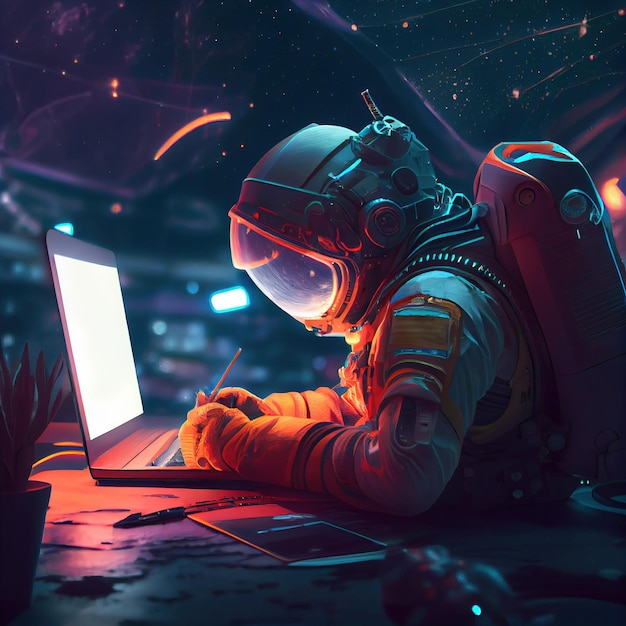 Um retrato de um astronauta em um traje espacial trabalhando em um laptop Um astronauta de alta tecnologia do futuro