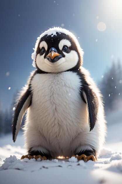 Um retrato de um bonito bebê pinguim Gentoo durante a queda de neve na Antártida com um fundo desfocado