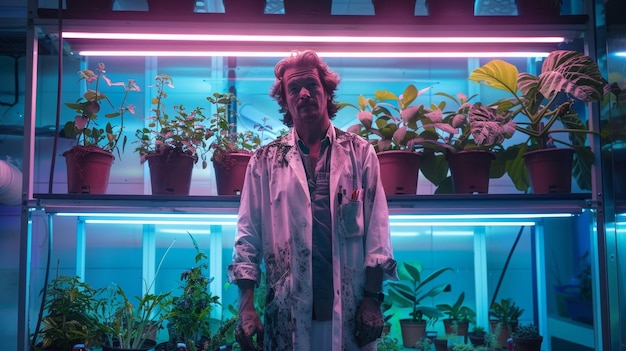 Um retrato de um botânico de pé em frente a uma prateleira cheia de plantas em vaso seu casaco de laboratório