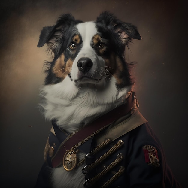 Um retrato de um cachorro vestindo uniforme militar histórico. Retrato de pastor australiano em roupas.