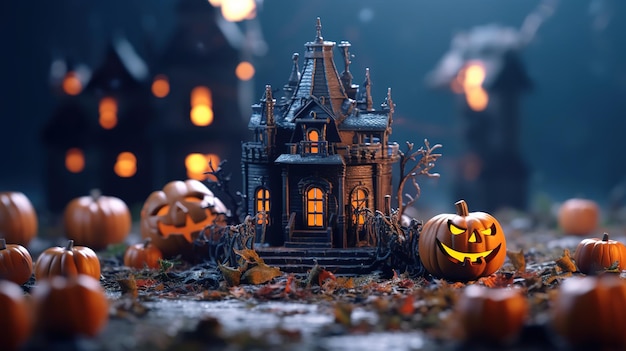 Um retrato de um castelo de halloween em miniatura com jack o lanterna e fantasma