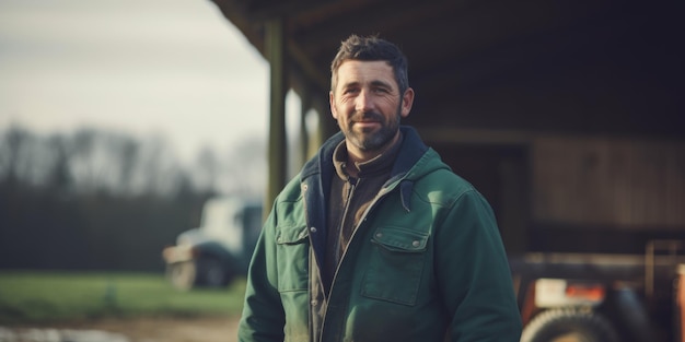 Foto um retrato de um fazendeiro em macacão está perto de sua fazenda