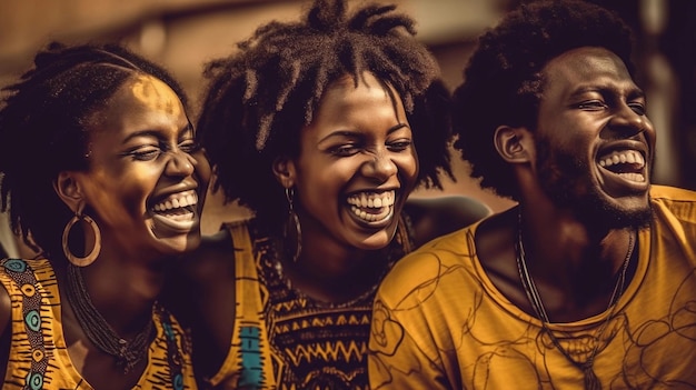 Um retrato de um grupo de jovens negros africanos sorrindo e se divertindo vestindo amarelo