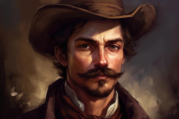 Um retrato de um homem com bigode e chapéu de cowboy.