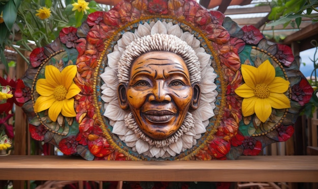 Um retrato de um homem com um rosto feito de folhas e flores.