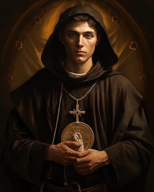 Um retrato de um homem com uma cruz e uma cruz no peito.