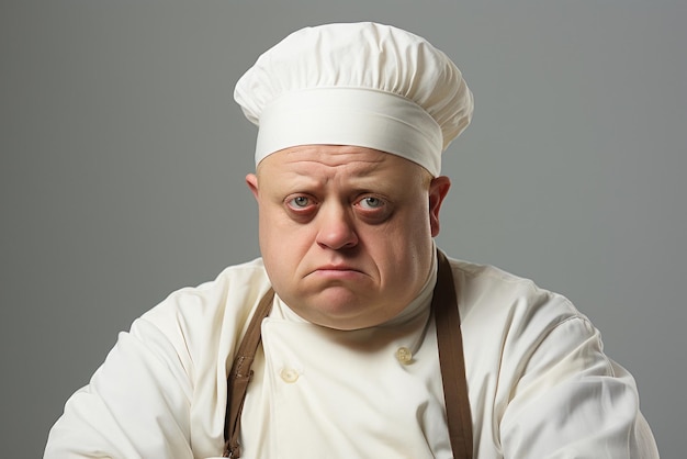 Um retrato de um homem de meia-idade com síndrome de Down que é um cozinheiro em fundo branco gerado por ai