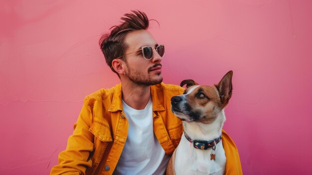 Foto um retrato de um homem elegante e seu cão em roupas coordenadas