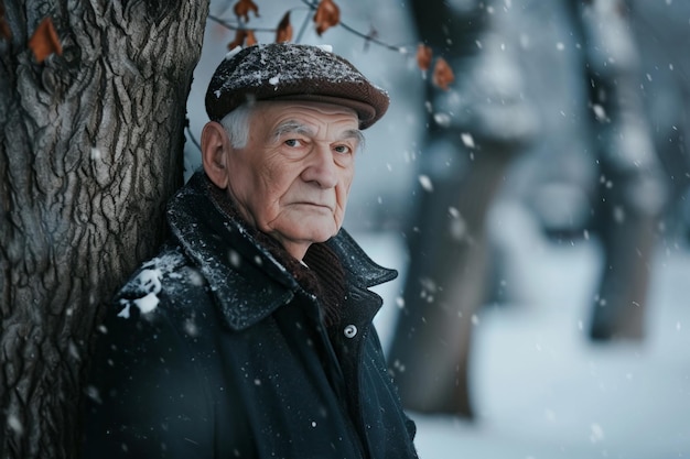 Um retrato de um homem idoso elegante em pé perto de uma árvore em um dia frio de inverno com neve