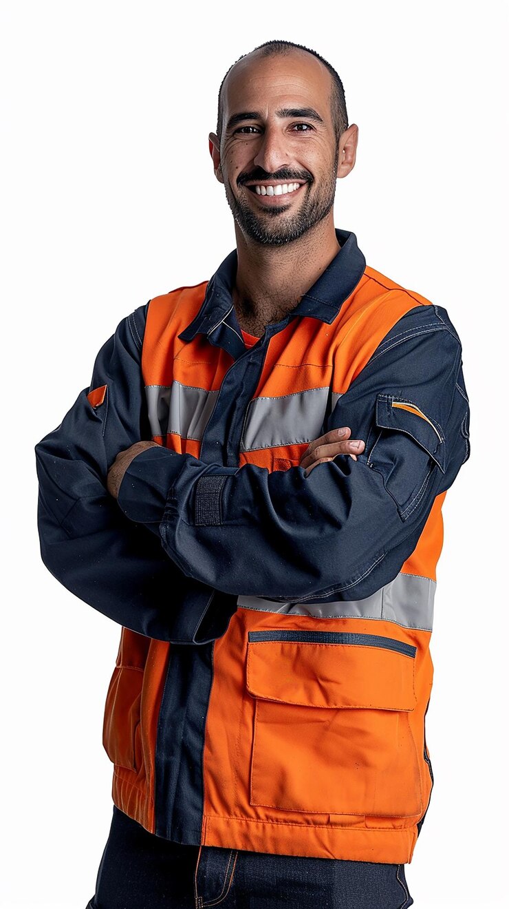 Foto um retrato de um homem sorridente em uma roupa de trabalhador da construção com os braços cruzados posando