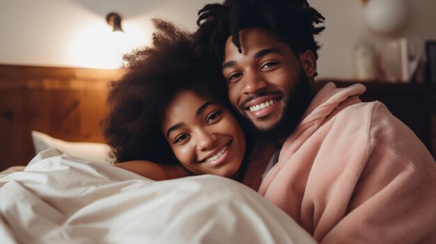 Um retrato de um jovem casal afro-americano feliz que relaxa em uma cama aconchegante olhando para a câmera sorri divertido