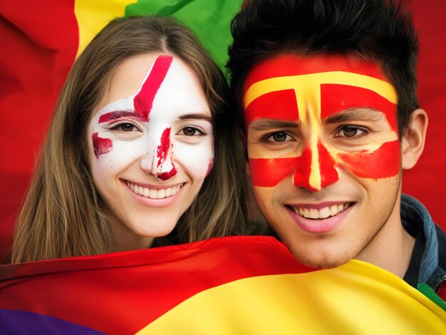 Um retrato de um jovem casal cujos rostos adornados com pintura facial colorida orgulhosamente em sua vitória