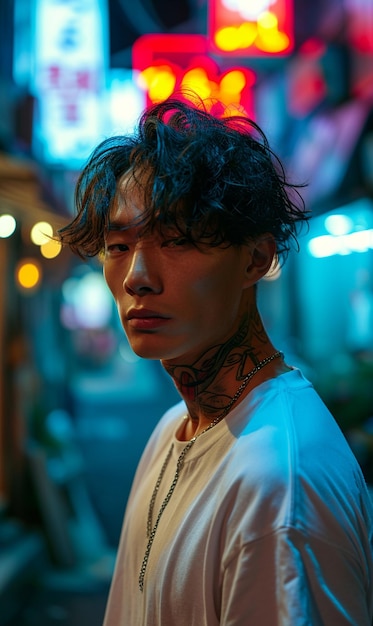 Um retrato de um jovem e bonito coreano à noite nas ruas de Seul