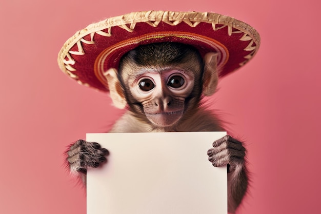 Foto um retrato de um macaco usando um chapéu sombrero e roupas de estilo mexicano segurando um sinal de promoção em branco