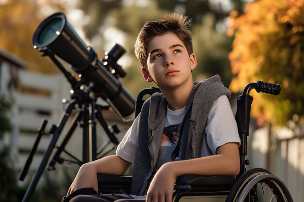 Foto um retrato de um menino adolescente em uma cadeira de rodas com um olhar de curiosidade em seu rosto e um telescópio ao seu lado