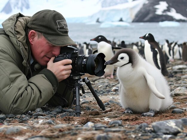 Foto um retrato de um pinguim insanamente adorável em uma tundra congelada