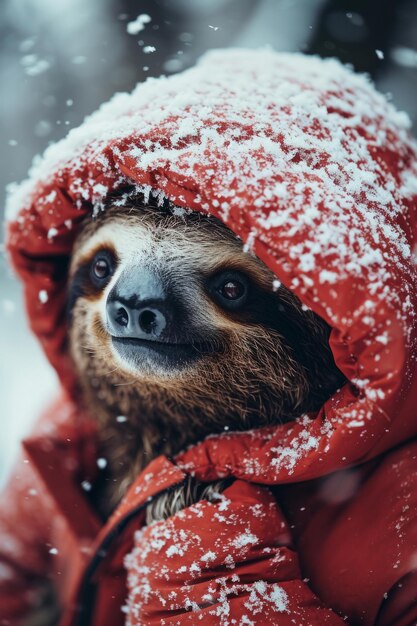 Um retrato de um preguiçoso de alta moda jaqueta de tecido vermelho puffer neve rosa no rosto características faciais rústicas