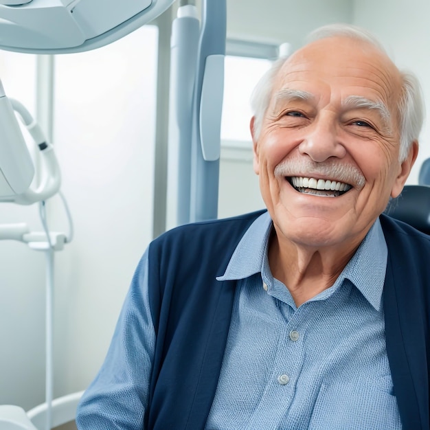 Foto um retrato de um velho sorrindo em uma clínica odontológica parecendo confiante e feliz