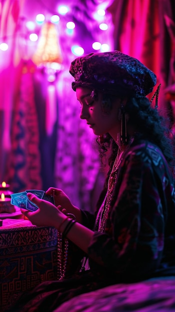 Um retrato de uma adivinha cyberpunk lendo as cartas do tarot para seu cliente