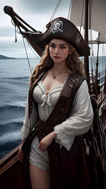 Um retrato de uma bela mulher pirata em seu barco