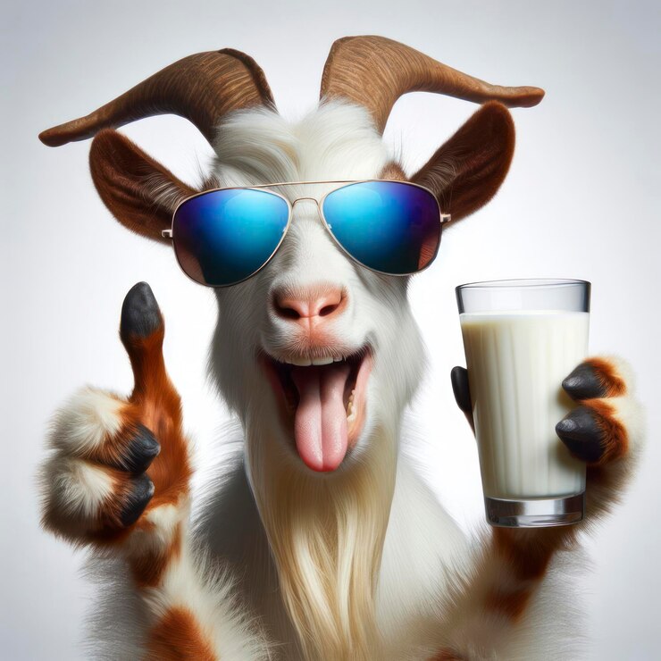 Foto um retrato de uma cabra funky com vidro de leite mostra polegares para cima isolados em fundo branco sólido ai generativo