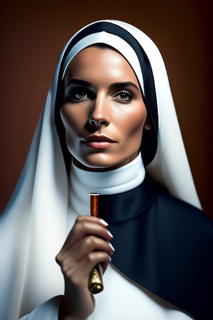 Um retrato de uma freira com uma garrafa de vinho