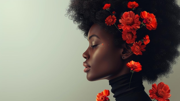 Foto um retrato de uma garota negra africana, vista lateral com flores no cabelo, estilo de cabelo em um banner de cartão postal para mulheres do dia 39, ilustração moderna com cores brilhantes planas em um fundo pastel suave.