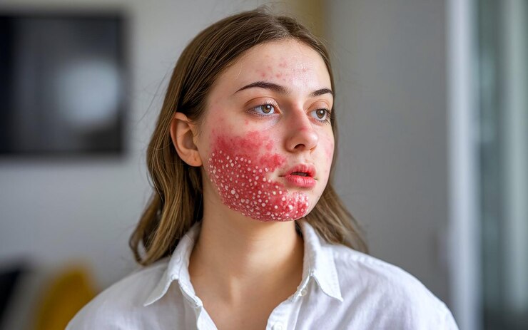 Foto um retrato de uma jovem com acne hormonal concentrada em torno da mandíbula