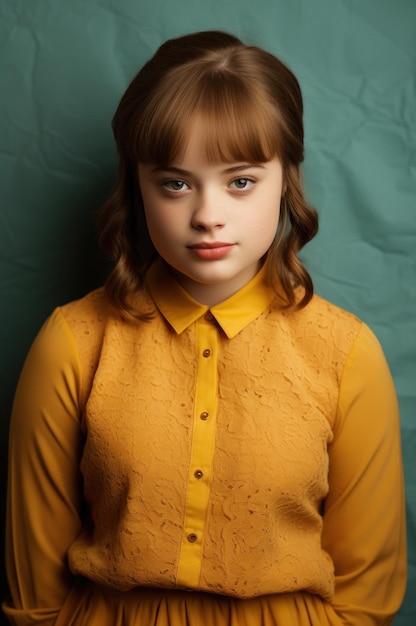 Um retrato de uma jovem e amigável menina da escola primária com síndrome de Down