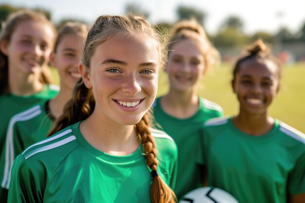 Um retrato de uma jovem jogadora de futebol confiante e sorridente em camisa verde com seus companheiros de equipe ao fundo, mostrando unidade e dinâmica de equipe positiva