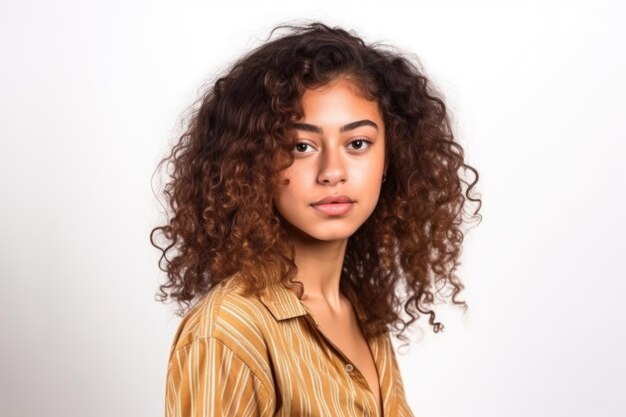 Foto um retrato de uma jovem mulher com cabelo encaracolado isolado em branco criado com ai generativa